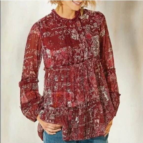 Soft Surroundings Red Ruffle Layered Long Sleeve Peasant Tunic Top Women’s Small - Picture 1 of 12